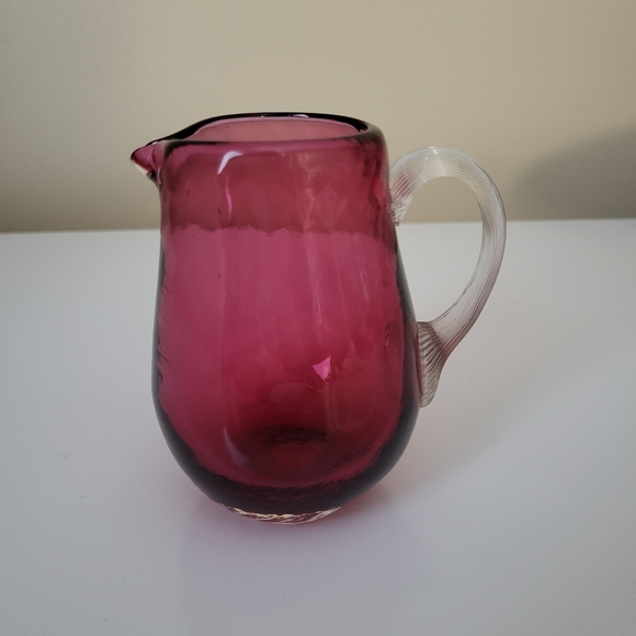 Vintage Small Cranberry Optic Blown Glass Pitcher with Applied Clear Handle - Picture 10 of 15